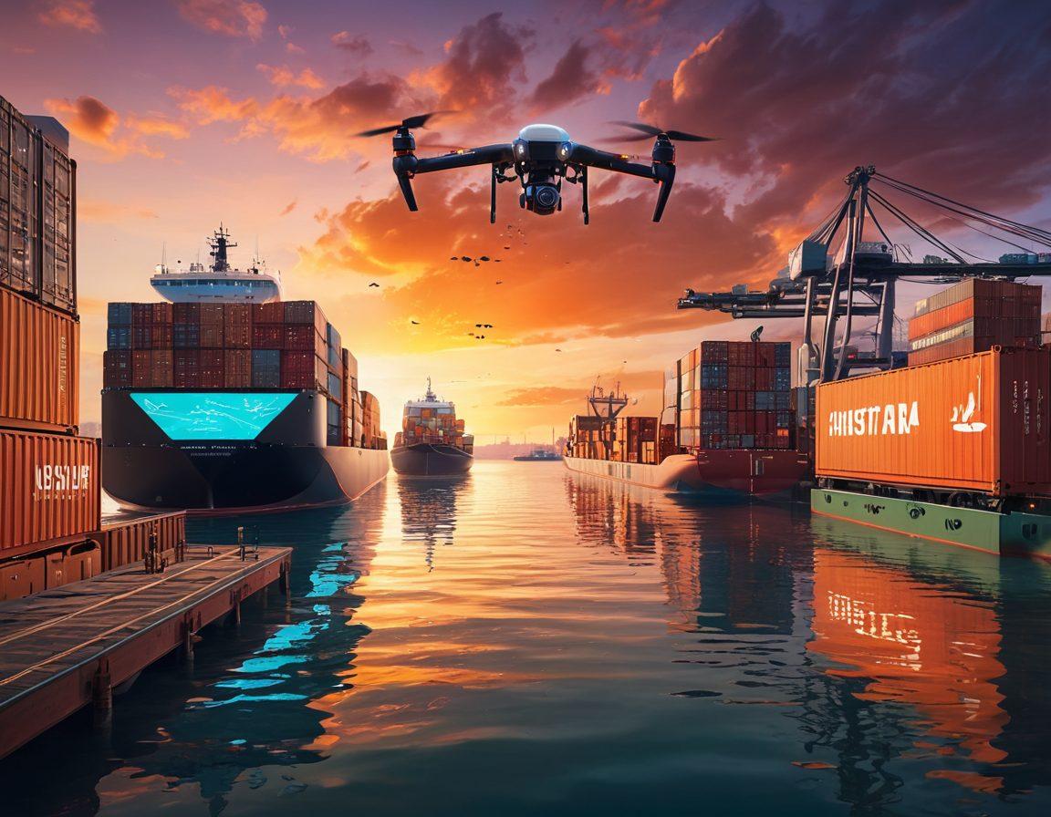 A futuristic shipping landscape showcasing a dynamic load board interface overlaying a busy port with autonomous ships and drones delivering packages. Include workers interacting with digital screens, cargo containers stacked artistically, and a vibrant sunset reflecting on the water. The scene should convey innovation and efficiency in delivery services. super-realistic. vibrant colors. digital art.