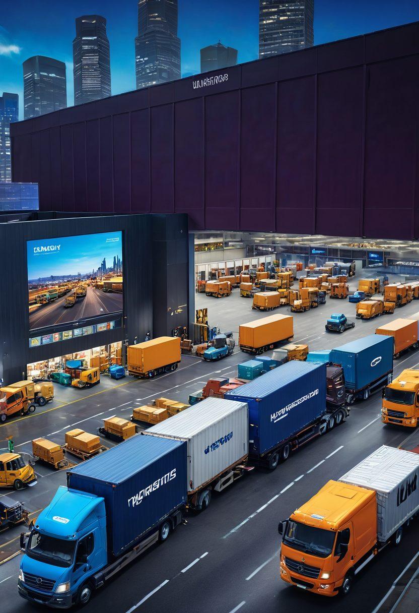 A dynamic scene showcasing a high-tech cargo transportation center with trucks loading and unloading, featuring digital load boards displaying freight information. In the foreground, a diverse team of logistics professionals discussing strategies, while in the background, a detailed cityscape of warehouses and delivery vehicles. The scene should convey efficiency and modernity with bright, engaging colors. super-realistic. vibrant colors.