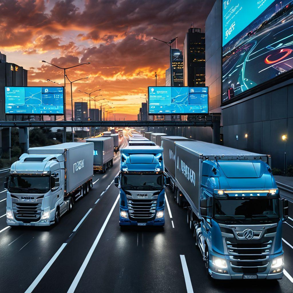 A futuristic scene showcasing a digital load board interface with glowing connections between trucks and logistics hubs. In the foreground, diverse truck drivers using tablets to optimize routes, while transparent overlays display real-time data analytics. The background highlights a busy highway with advanced trucks in motion, symbolizing efficiency and innovation in freight logistics. The overall atmosphere is dynamic and tech-driven, emphasizing the revolution in the trucking industry. super-realistic. vibrant colors. 3D.